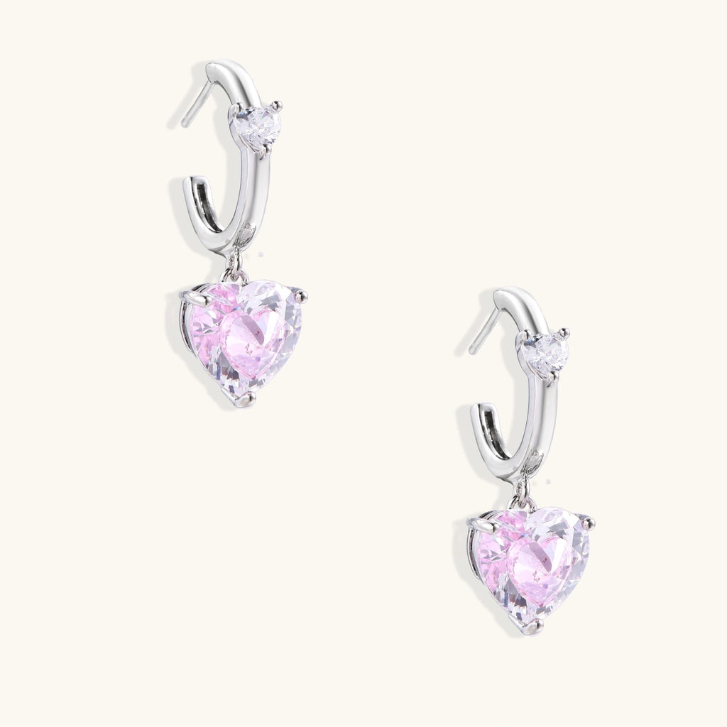 Créoles Cœur Rose Pendant — Plaqué or blanc