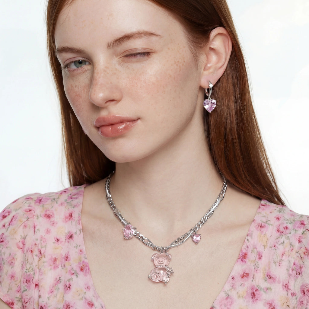 Créoles Cœur Rose Pendant — Plaqué or blanc