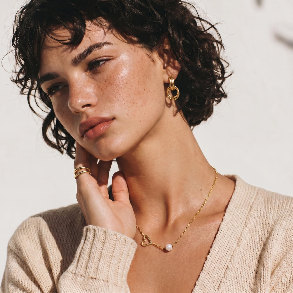 Collier Cœur Asymétrique & Perles Nacrées — Plaqué or 14 carats