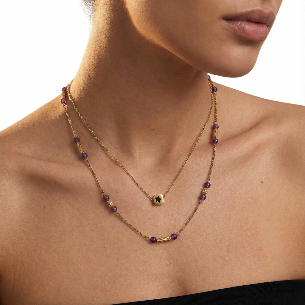 Collier Étoile & Pierres Violettes — Plaqué or 18 carats
