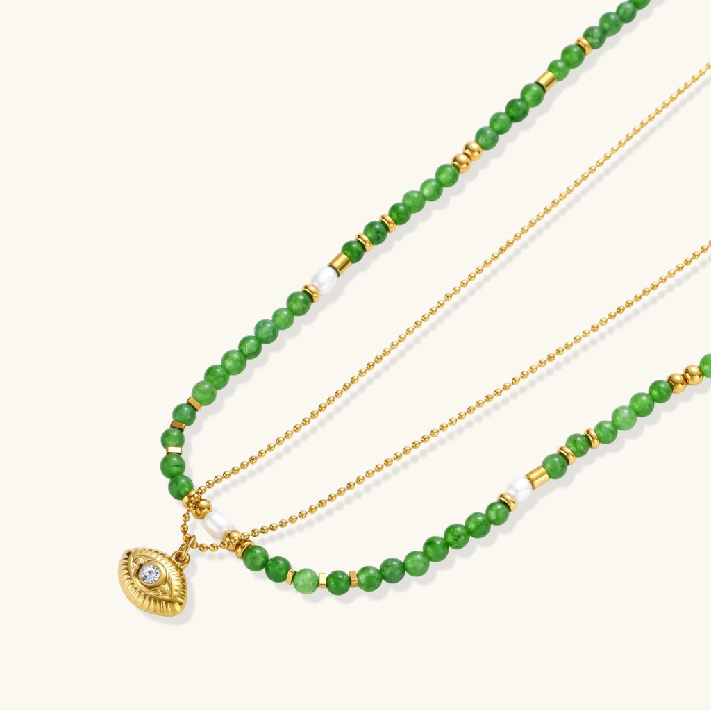 Collier Œil Protecteur & Pierres Vertes — Plaqué or 18 carats