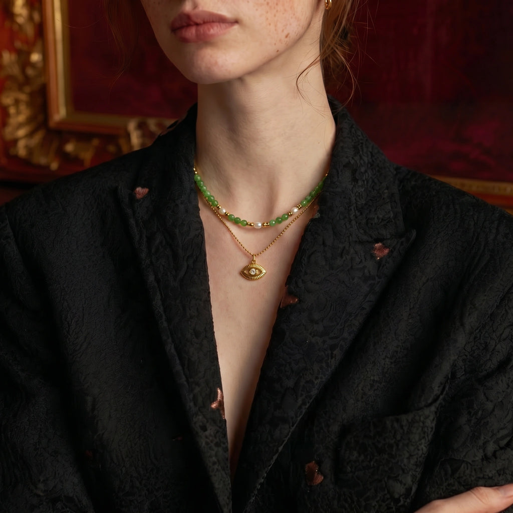 Collier Œil Protecteur & Pierres Vertes — Plaqué or 18 carats