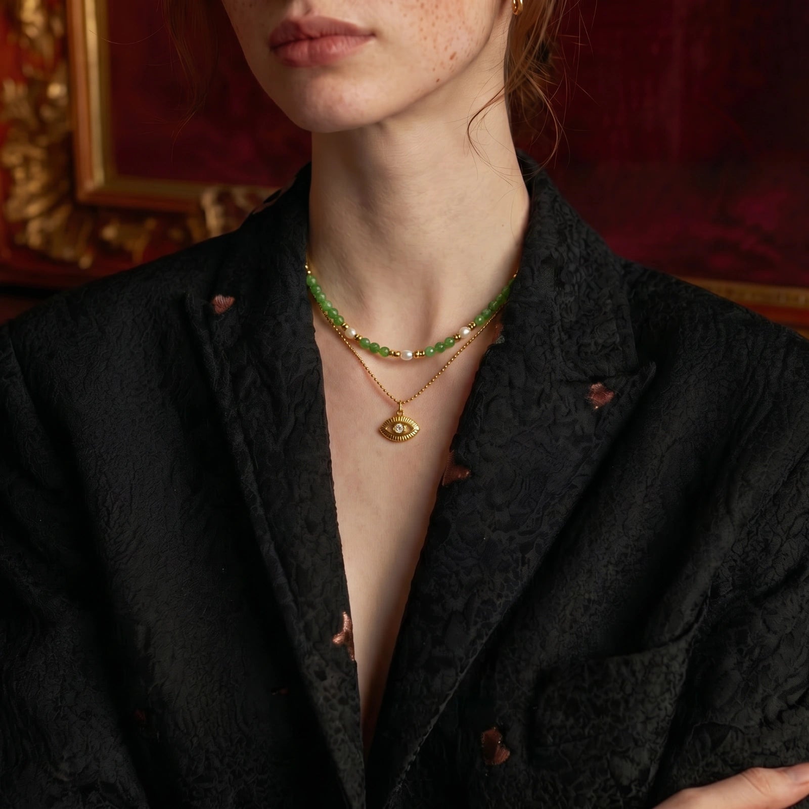 Collier Œil Protecteur & Pierres Vertes — Plaqué or 18 carats