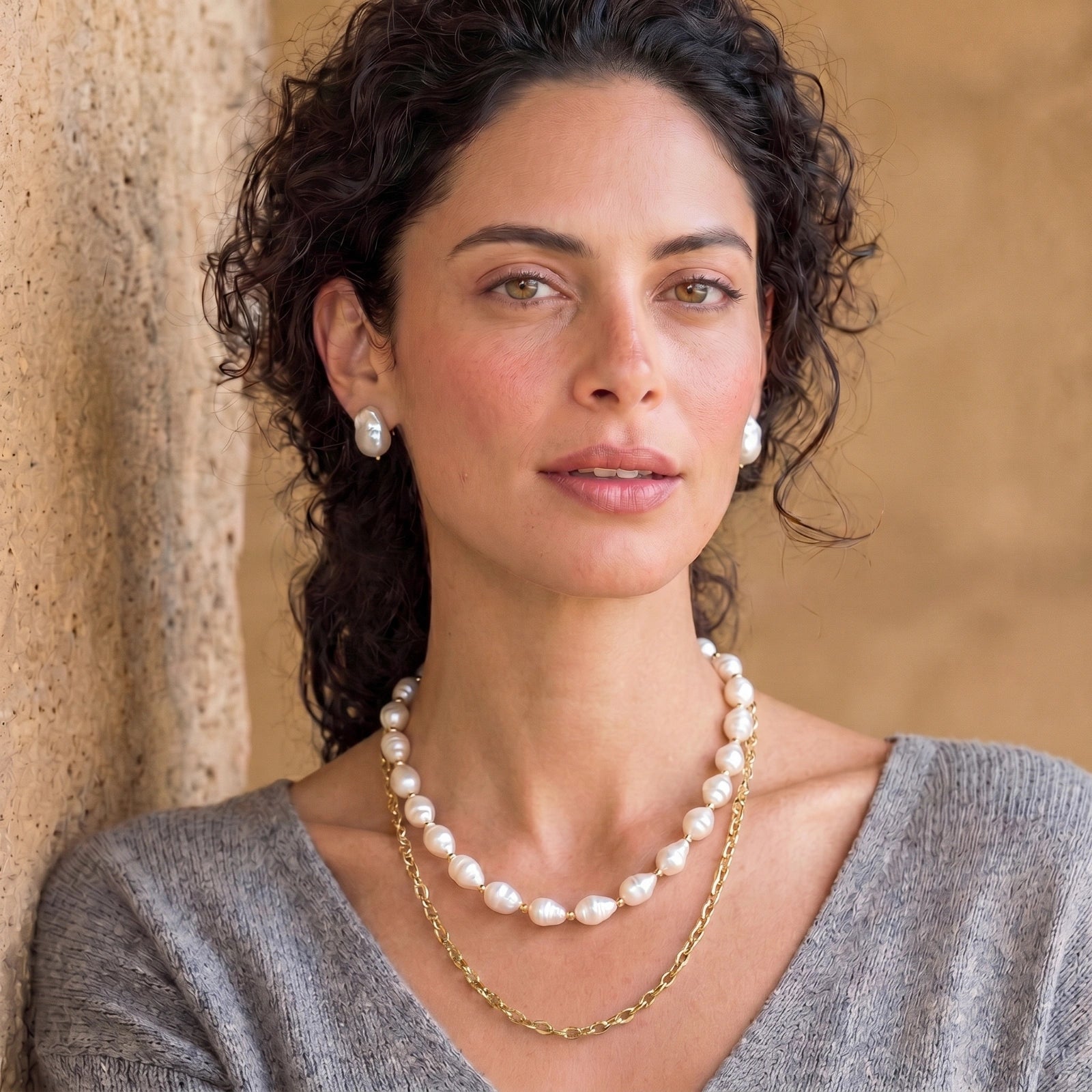 Collier Double Rang Perles Baroques — Plaqué or 14 carats