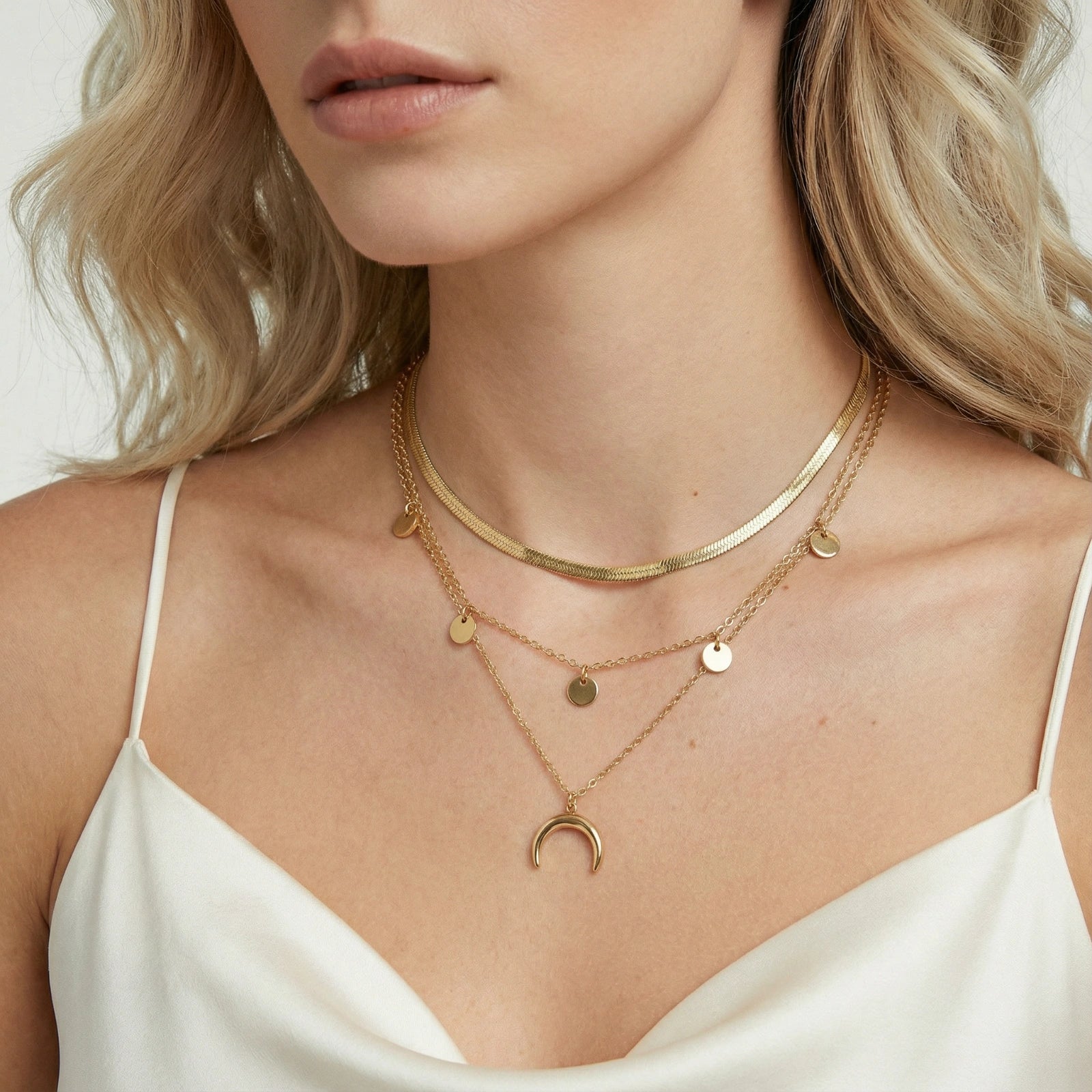 Collier Multi-rang Lune Croissant — Plaqué or 14 carats