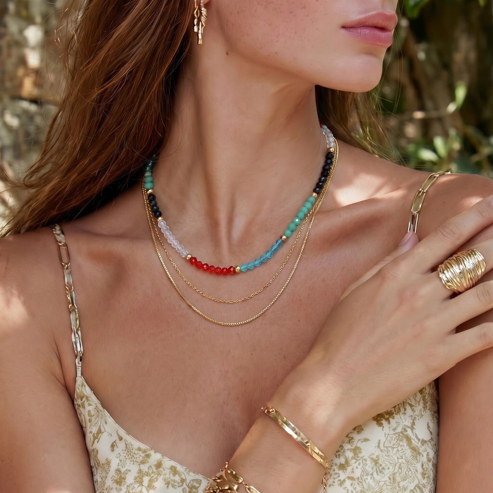 Collier Triple Rang Quartz Multicolore — Plaqué or 14 carats