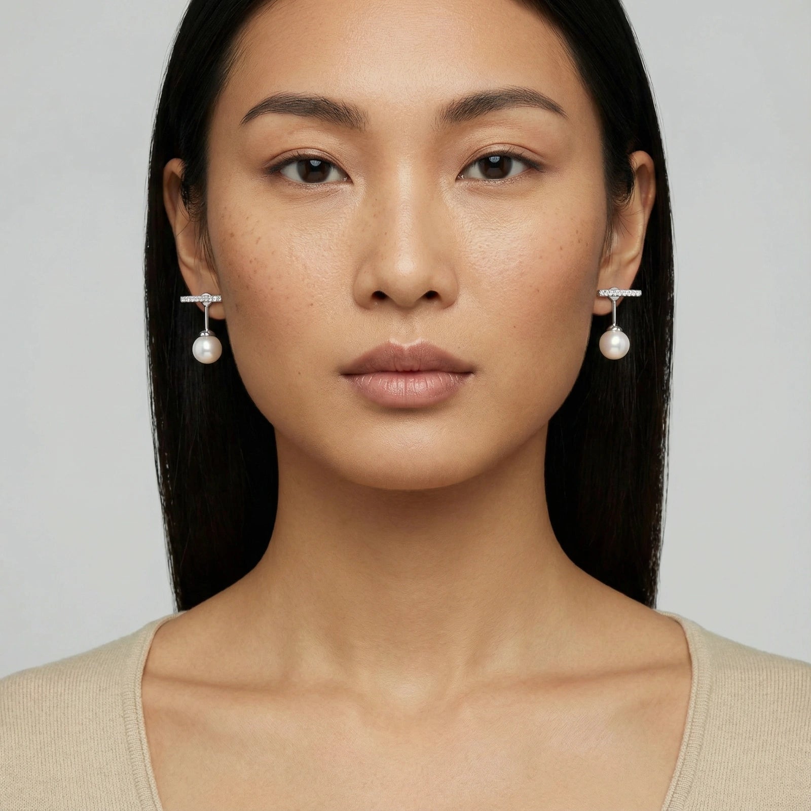 Boucles d'Oreilles Barre & Perle (ear jacket) — Argent 925 plaqué rhodium