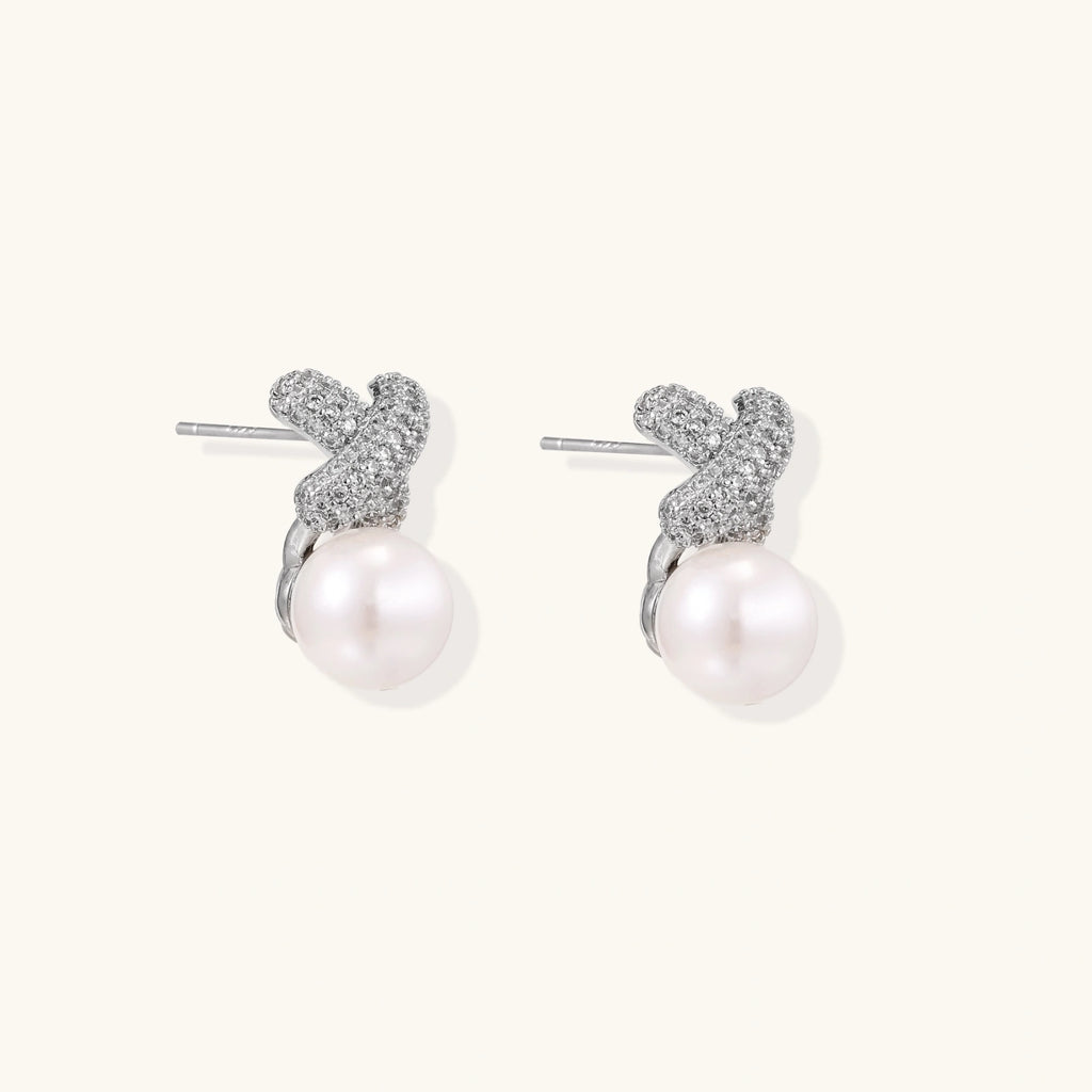 Puces d'Oreilles X Pavé & Perle — Plaqué or blanc
