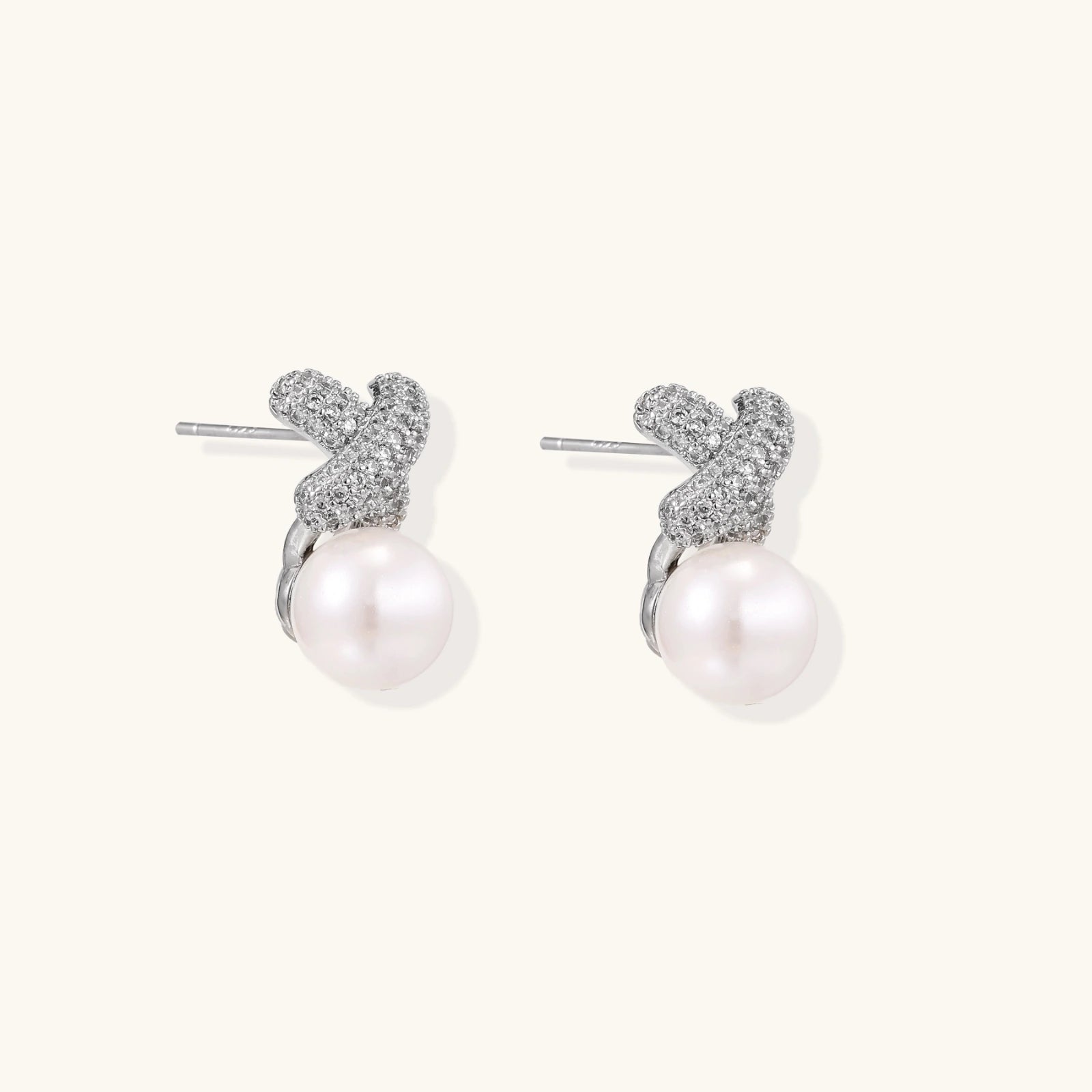 Puces d'Oreilles X Pavé & Perle — Plaqué or blanc