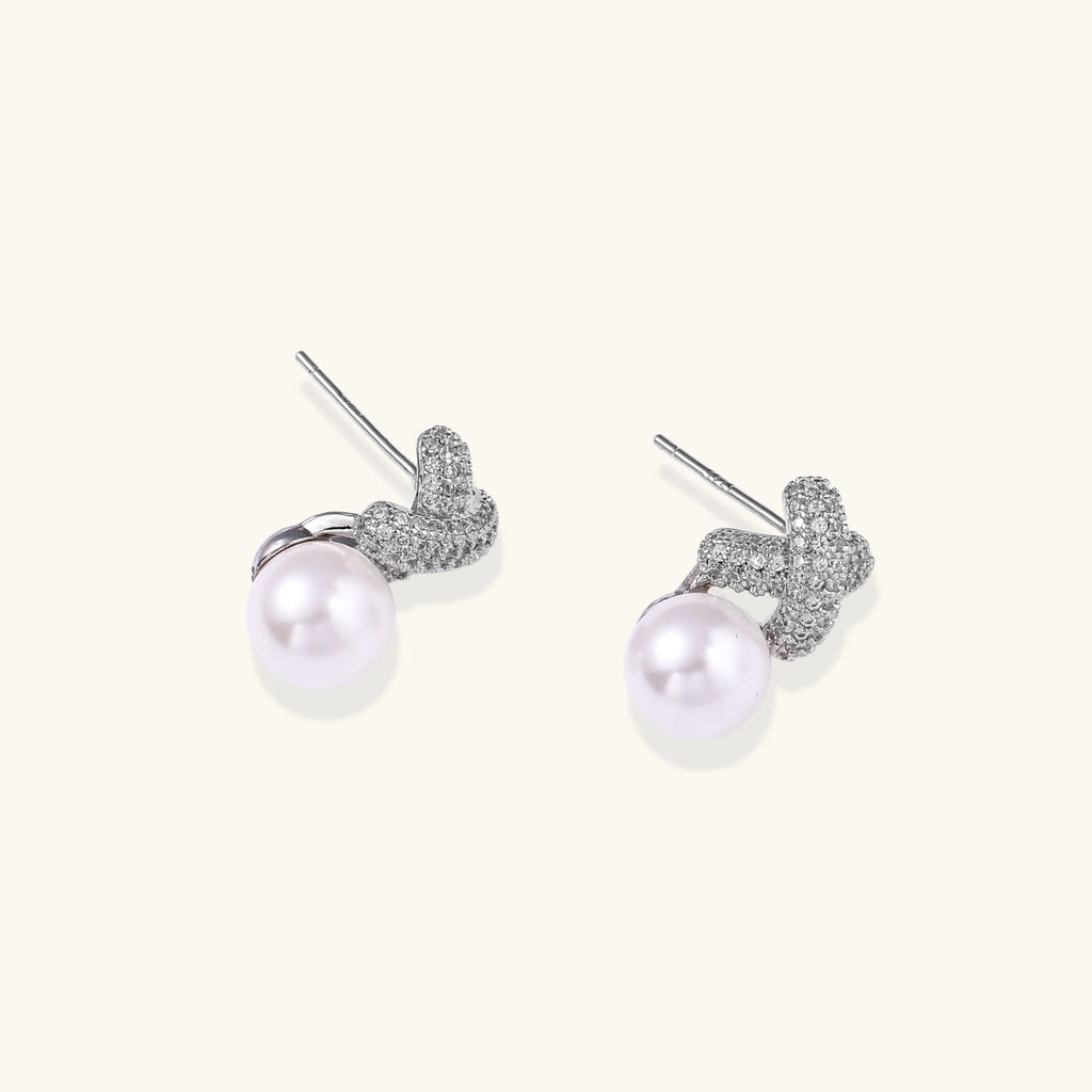 Puces d'Oreilles X Pavé & Perle — Plaqué or blanc