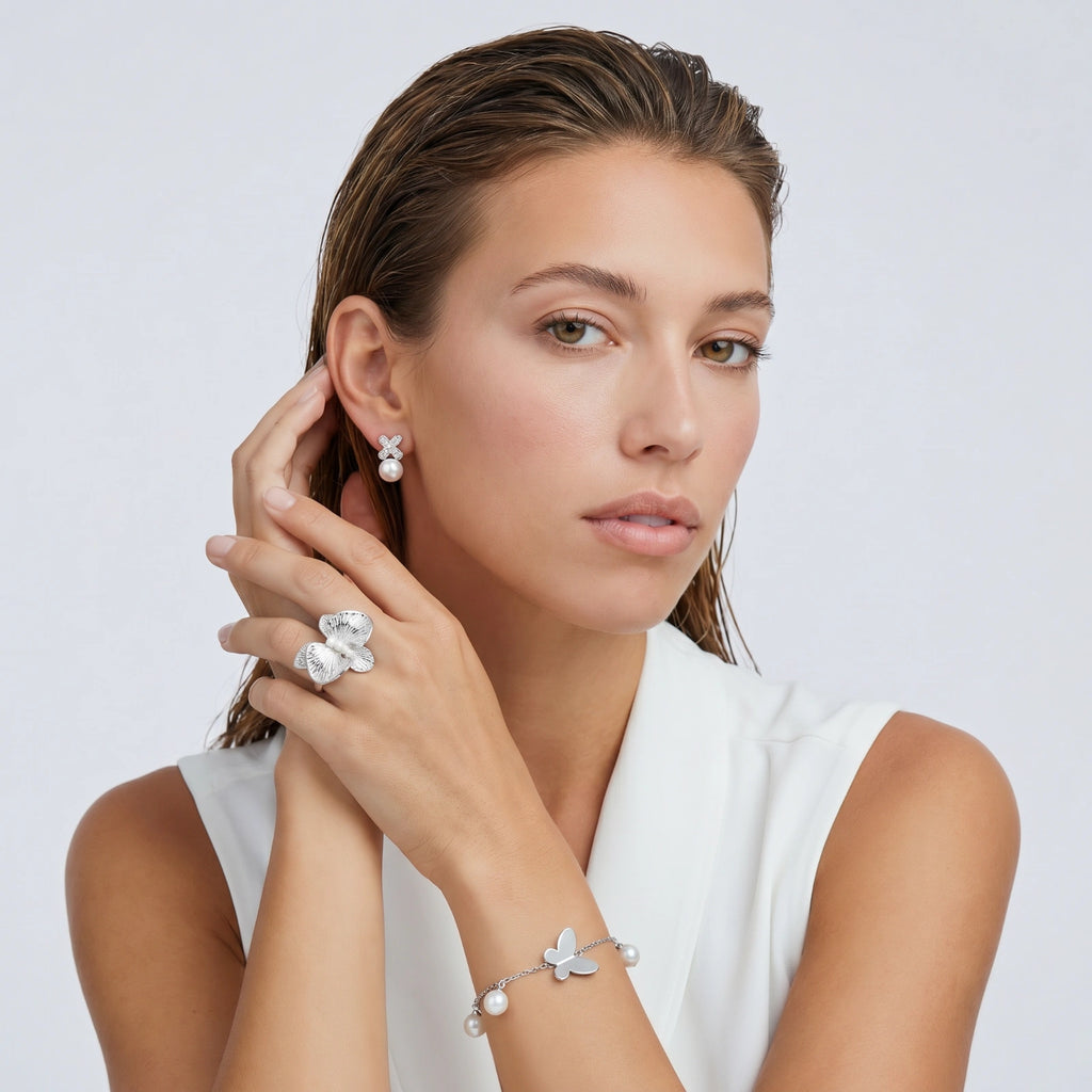 Puces d'Oreilles X Pavé & Perle — Plaqué or blanc