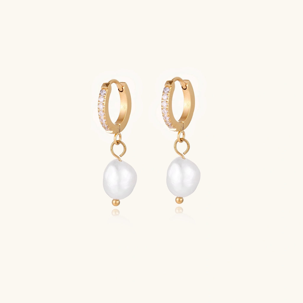 Créoles Huggie & Perle Pendante — Plaqué or 18 carats